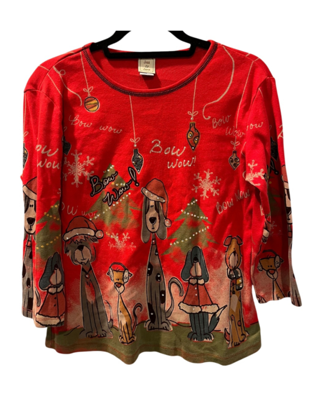 Vtg Jess & Jane Christmas Shirt Women's Medium Red Bow Wow Dogs Rhinestone Bling